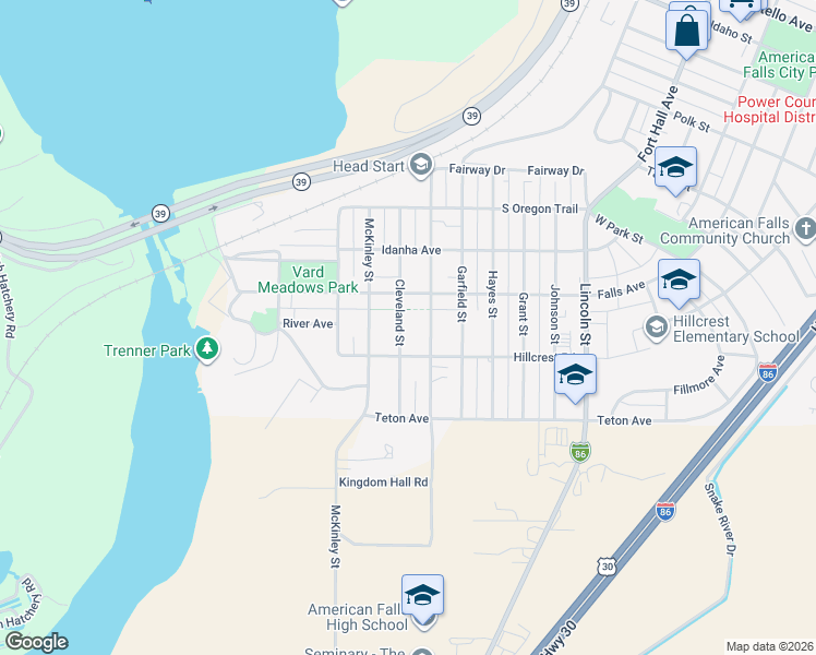map of restaurants, bars, coffee shops, grocery stores, and more near 400 Cleveland Street in American Falls