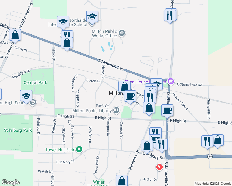 map of restaurants, bars, coffee shops, grocery stores, and more near in Milton