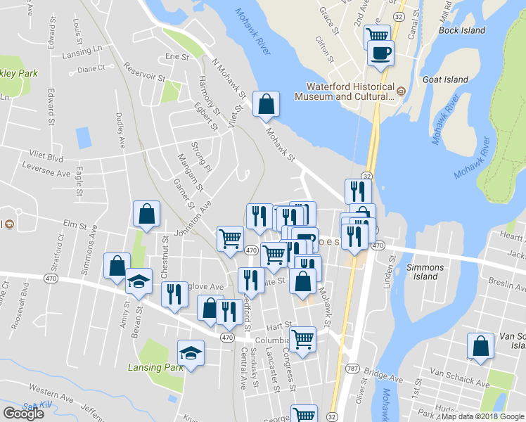 map of restaurants, bars, coffee shops, grocery stores, and more near 7 Olmstead Street in Cohoes