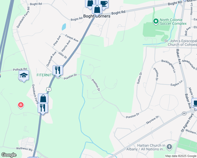 map of restaurants, bars, coffee shops, grocery stores, and more near 12 Preston Drive in Cohoes