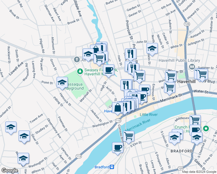 map of restaurants, bars, coffee shops, grocery stores, and more near 28 High Street in Haverhill