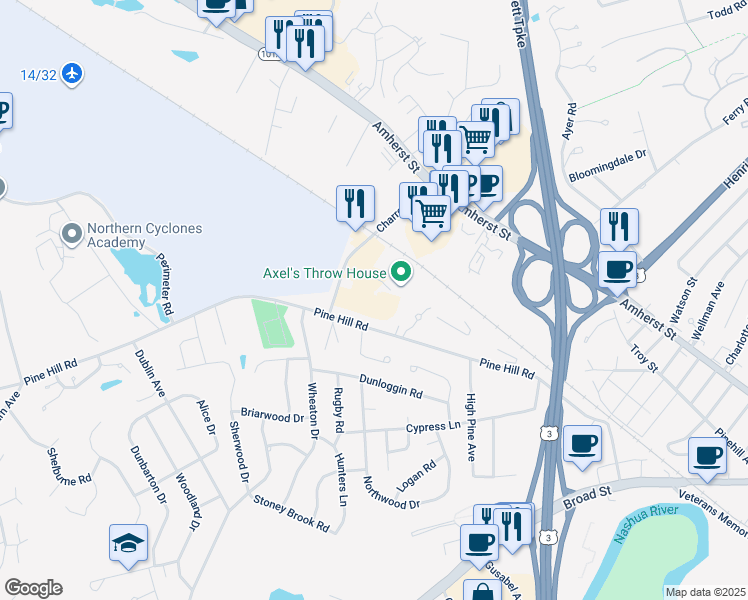 map of restaurants, bars, coffee shops, grocery stores, and more near 3 Bud Way in Nashua