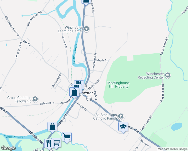 map of restaurants, bars, coffee shops, grocery stores, and more near 15 Chapel Street in Winchester
