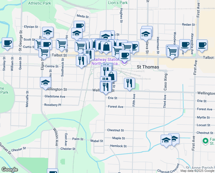 map of restaurants, bars, coffee shops, grocery stores, and more near in St. Thomas