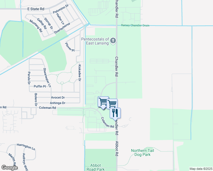 map of restaurants, bars, coffee shops, grocery stores, and more near 3975 Hunsaker Street in East Lansing