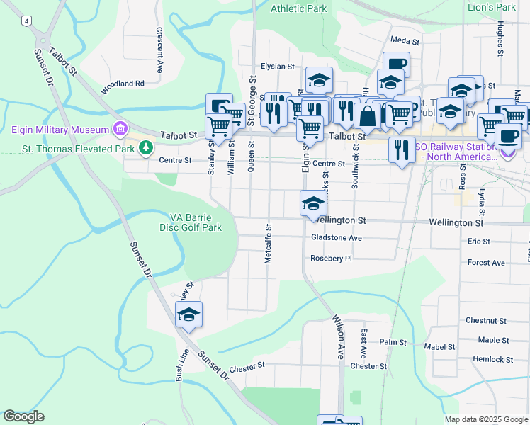 map of restaurants, bars, coffee shops, grocery stores, and more near 19 Wellington Street in St. Thomas