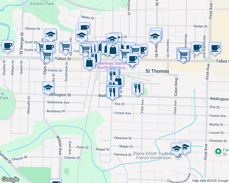 map of restaurants, bars, coffee shops, grocery stores, and more near in St. Thomas