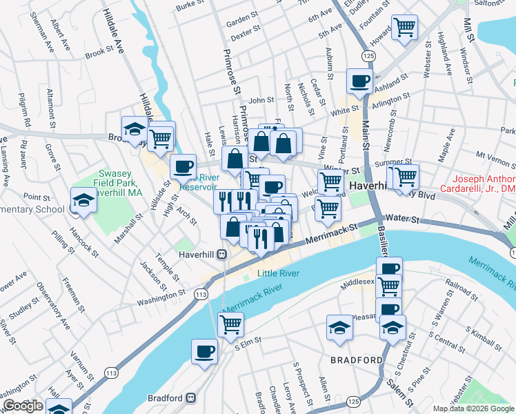 map of restaurants, bars, coffee shops, grocery stores, and more near 2 Locust Street in Haverhill