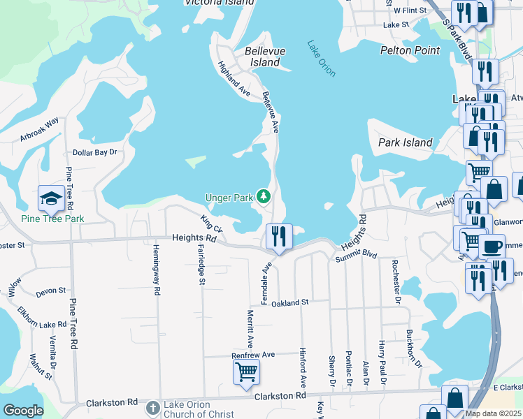 map of restaurants, bars, coffee shops, grocery stores, and more near 452 Bellevue Avenue in Orion charter Township