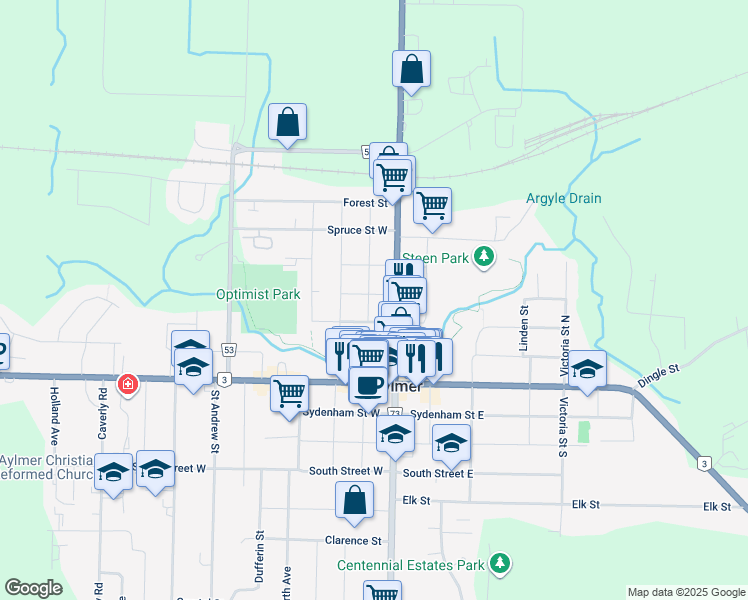 map of restaurants, bars, coffee shops, grocery stores, and more near 15 Cedar Street in Aylmer