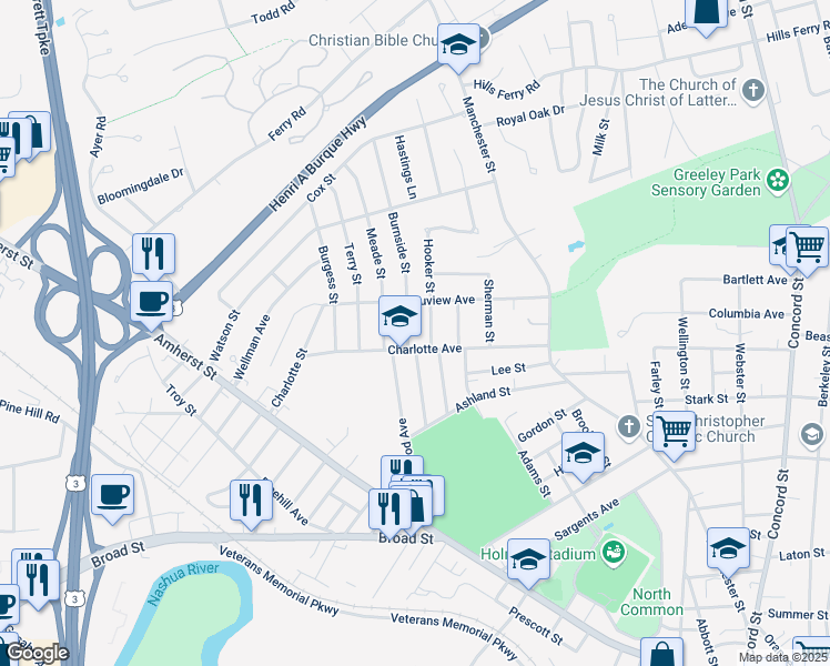 map of restaurants, bars, coffee shops, grocery stores, and more near 41 Charlotte Avenue in Nashua