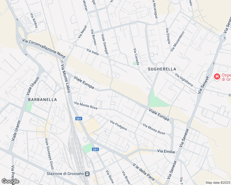 map of restaurants, bars, coffee shops, grocery stores, and more near 67 Viale Europa in Grosseto