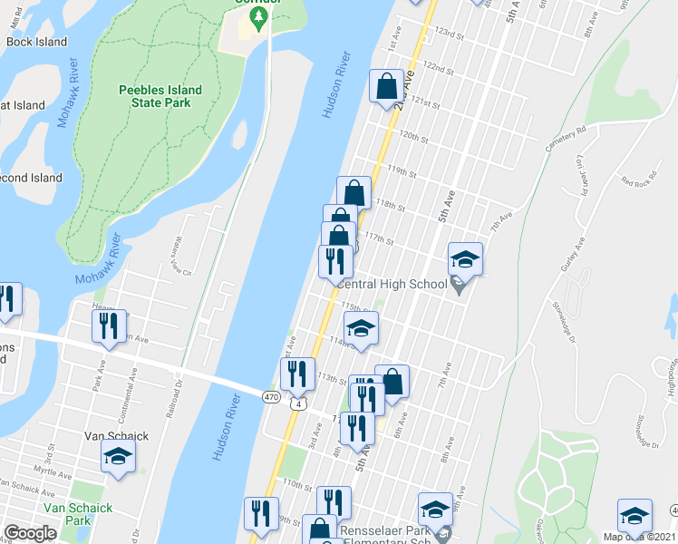 map of restaurants, bars, coffee shops, grocery stores, and more near 593 2nd Avenue in Troy