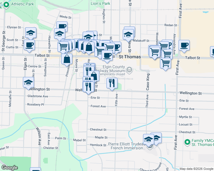 map of restaurants, bars, coffee shops, grocery stores, and more near 185 Wellington Street in St. Thomas