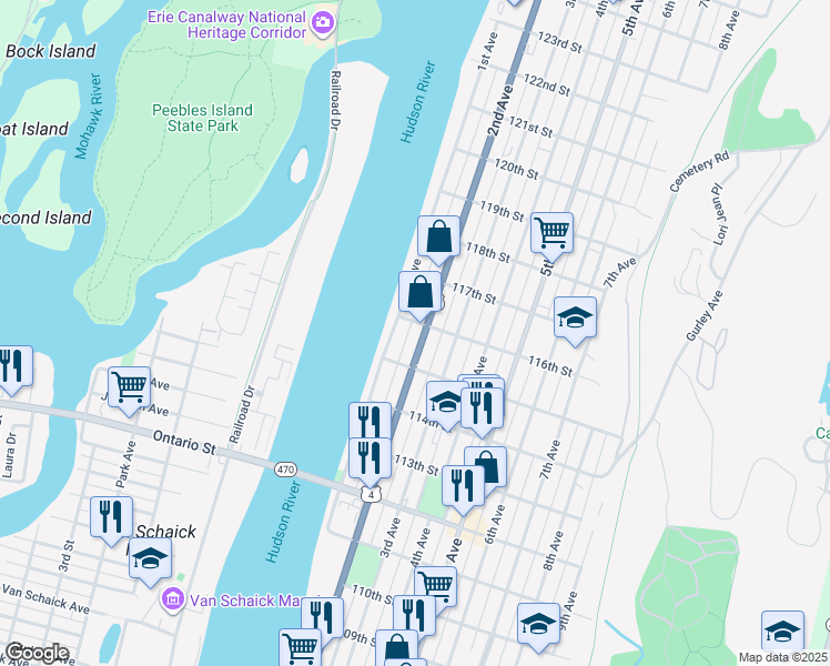 map of restaurants, bars, coffee shops, grocery stores, and more near 591 2nd Avenue in Troy