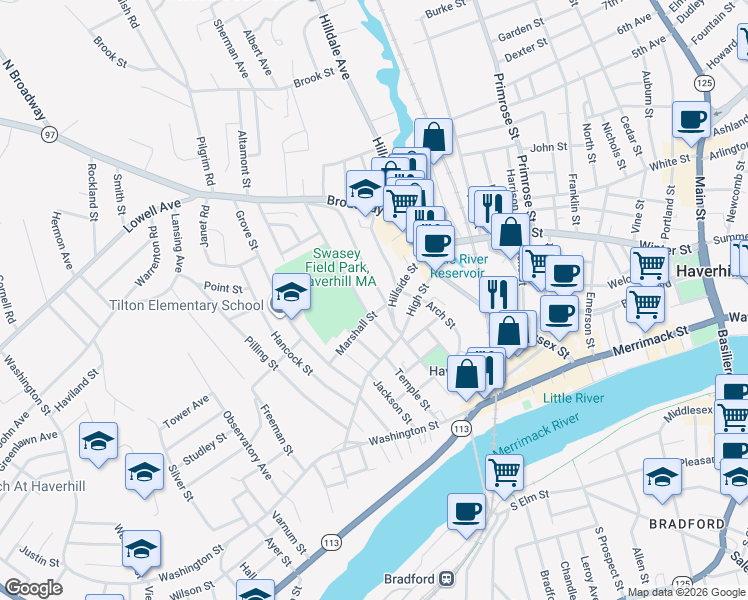 map of restaurants, bars, coffee shops, grocery stores, and more near 30 Bellevue Avenue in Haverhill