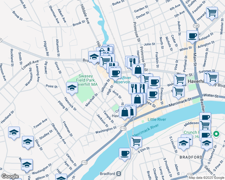 map of restaurants, bars, coffee shops, grocery stores, and more near 28 High Street in Haverhill