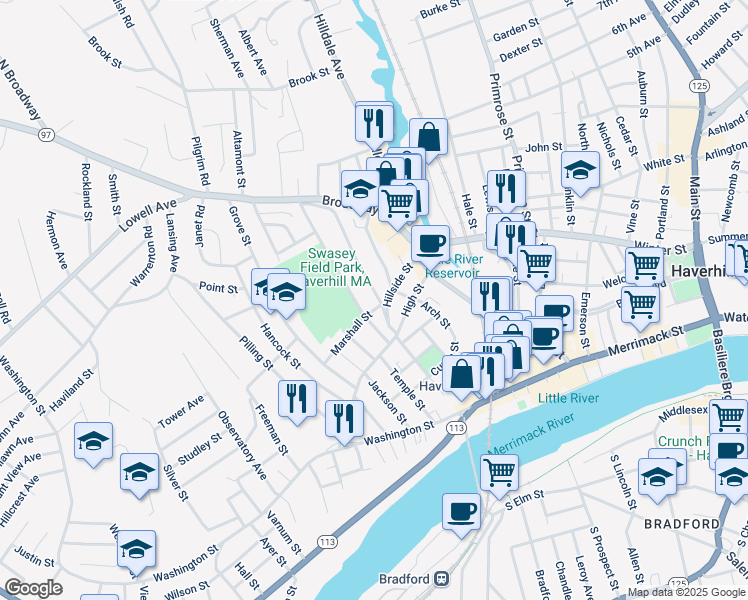 map of restaurants, bars, coffee shops, grocery stores, and more near 30 Bellevue Avenue in Haverhill