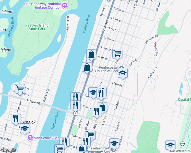 map of restaurants, bars, coffee shops, grocery stores, and more near 598 3rd Avenue in Troy