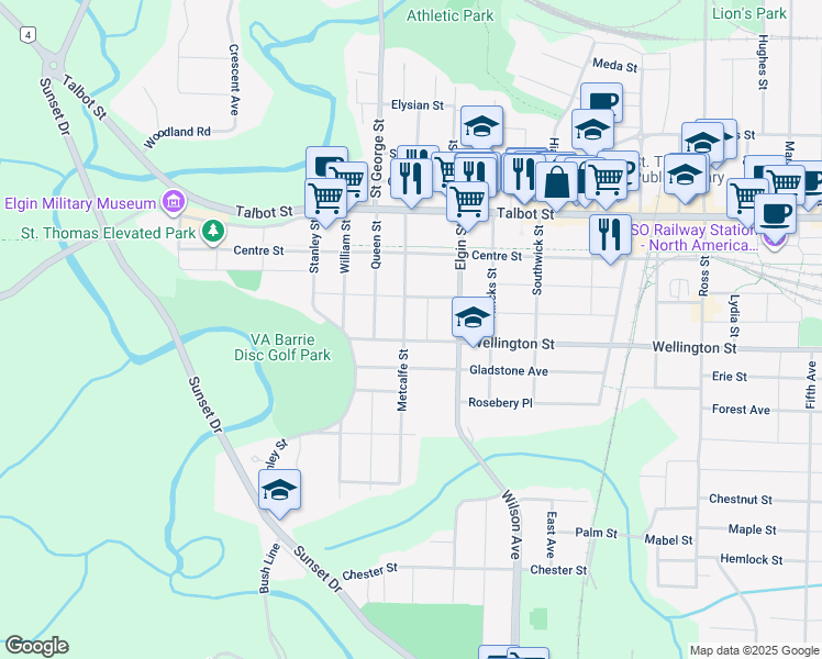 map of restaurants, bars, coffee shops, grocery stores, and more near 19 Wellington Street in St. Thomas