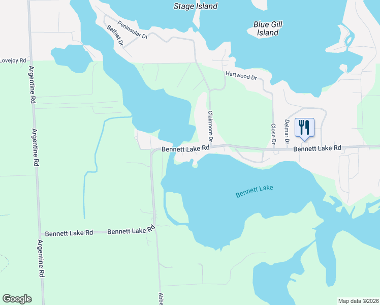 map of restaurants, bars, coffee shops, grocery stores, and more near 6522 Bennett Lake Road in Fenton