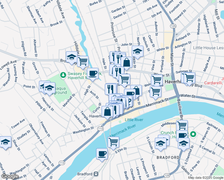 map of restaurants, bars, coffee shops, grocery stores, and more near 151 Essex Street in Haverhill