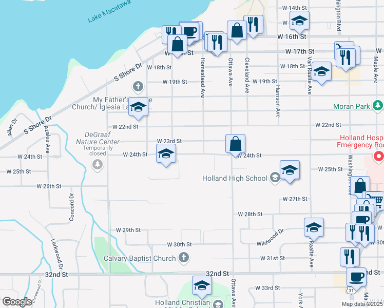 map of restaurants, bars, coffee shops, grocery stores, and more near 500 West 24th Street in Holland