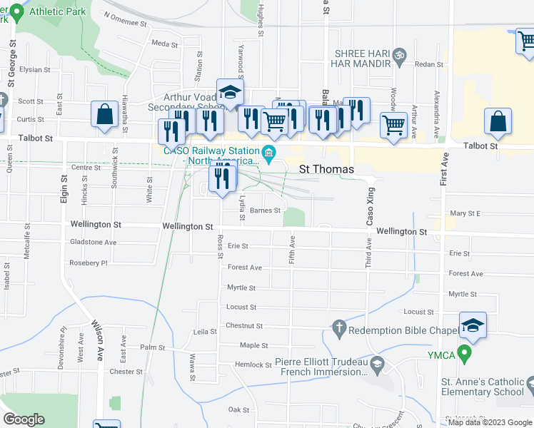 map of restaurants, bars, coffee shops, grocery stores, and more near 40 Barnes Street in St. Thomas