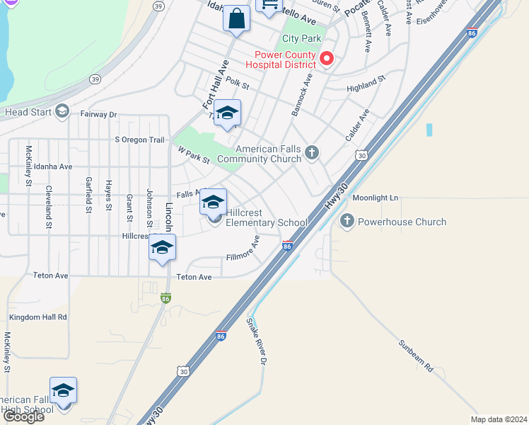 map of restaurants, bars, coffee shops, grocery stores, and more near 536 West Park Street in American Falls