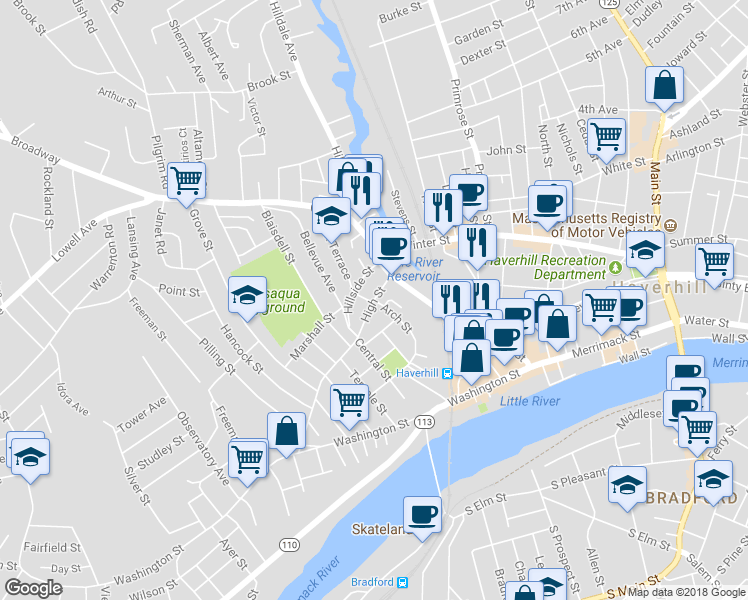 map of restaurants, bars, coffee shops, grocery stores, and more near 101 Arch Street in Haverhill