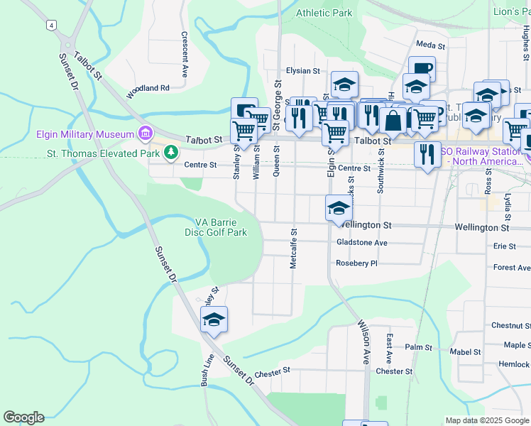 map of restaurants, bars, coffee shops, grocery stores, and more near 1 Wellington Street in Saint Thomas