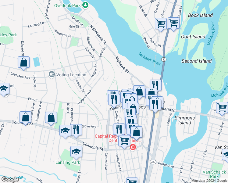 map of restaurants, bars, coffee shops, grocery stores, and more near 7 Olmstead Street in Cohoes