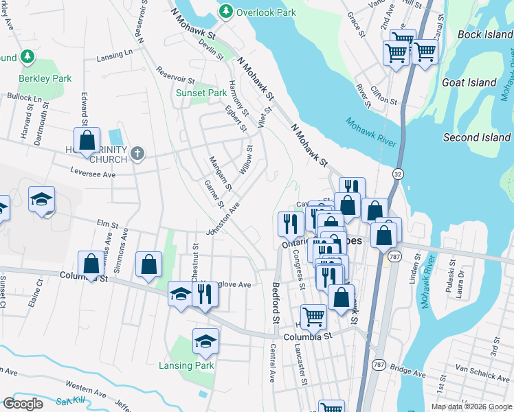 map of restaurants, bars, coffee shops, grocery stores, and more near 42 Johnston Avenue in Cohoes