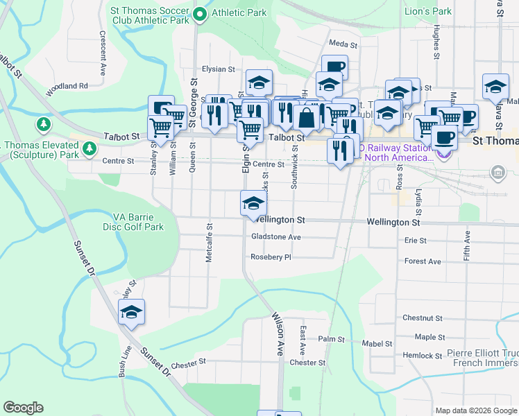 map of restaurants, bars, coffee shops, grocery stores, and more near 45 Wellington Street in St. Thomas
