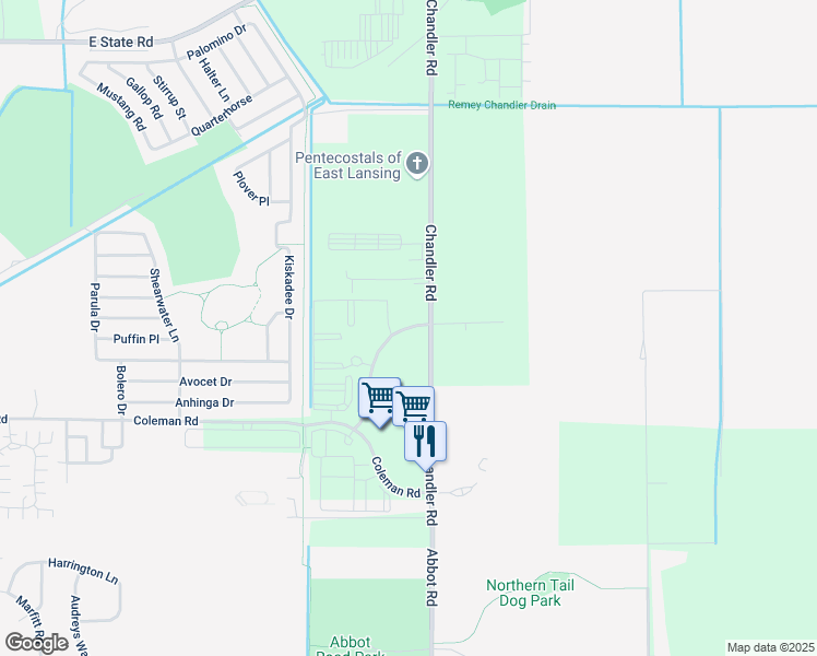 map of restaurants, bars, coffee shops, grocery stores, and more near 3975 Hunsaker Street in East Lansing