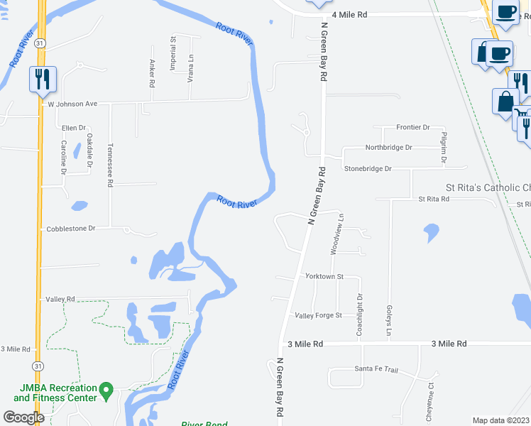 map of restaurants, bars, coffee shops, grocery stores, and more near 4334 Kennedy Drive in Racine