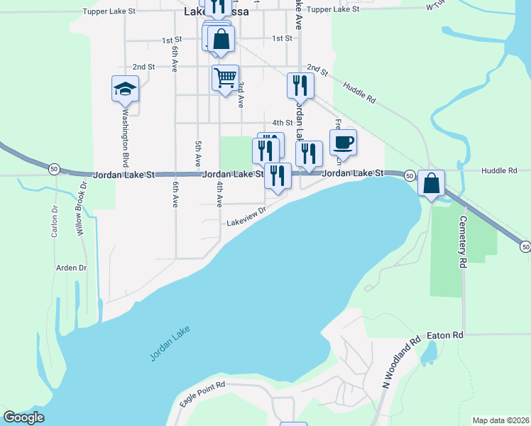 map of restaurants, bars, coffee shops, grocery stores, and more near 1136 Lakeview Drive in Lake Odessa