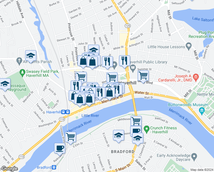 map of restaurants, bars, coffee shops, grocery stores, and more near How Street in Haverhill