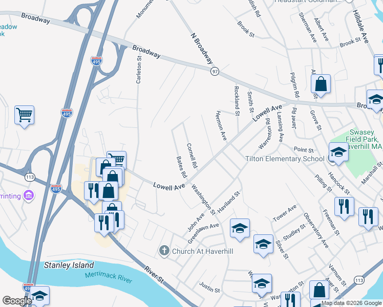 map of restaurants, bars, coffee shops, grocery stores, and more near 8 Cornell Road in Haverhill