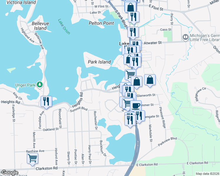 map of restaurants, bars, coffee shops, grocery stores, and more near 154 Heights Road in Lake Orion