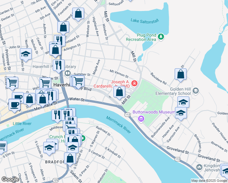 map of restaurants, bars, coffee shops, grocery stores, and more near 21 Chestnut Street in Haverhill