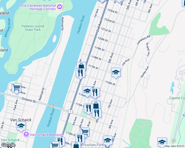 map of restaurants, bars, coffee shops, grocery stores, and more near 598 3rd Avenue in Troy