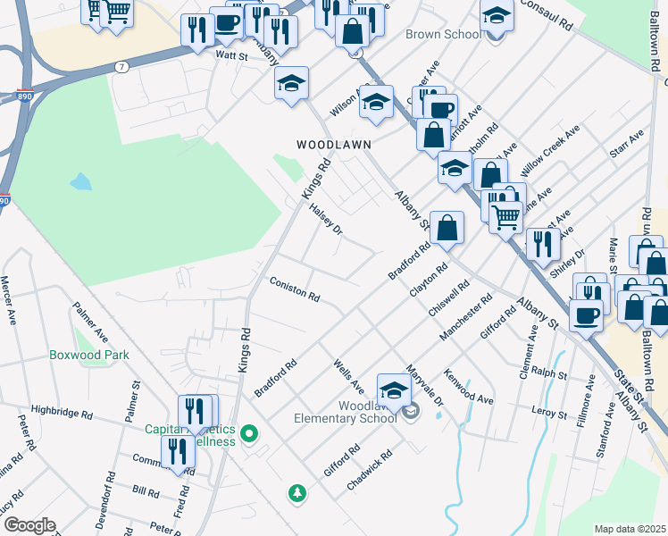 map of restaurants, bars, coffee shops, grocery stores, and more near 2938 Windermere Road in Schenectady