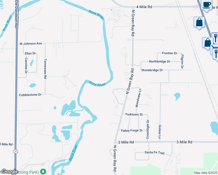 map of restaurants, bars, coffee shops, grocery stores, and more near 4334 Kennedy Drive in Racine