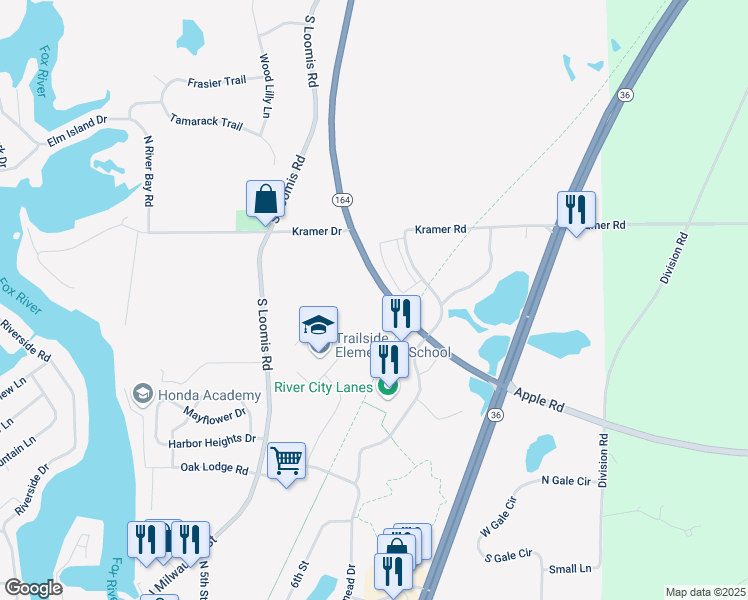map of restaurants, bars, coffee shops, grocery stores, and more near Highway 164 in Waterford