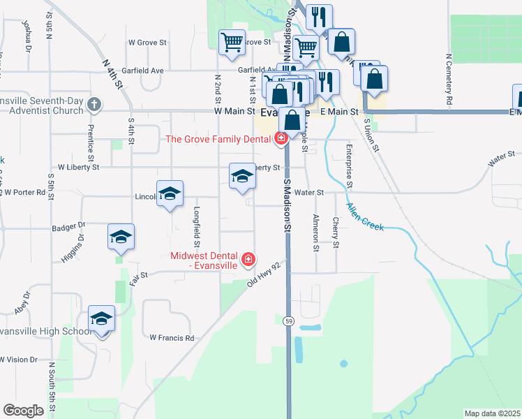 map of restaurants, bars, coffee shops, grocery stores, and more near 336 South 1st Street in Evansville