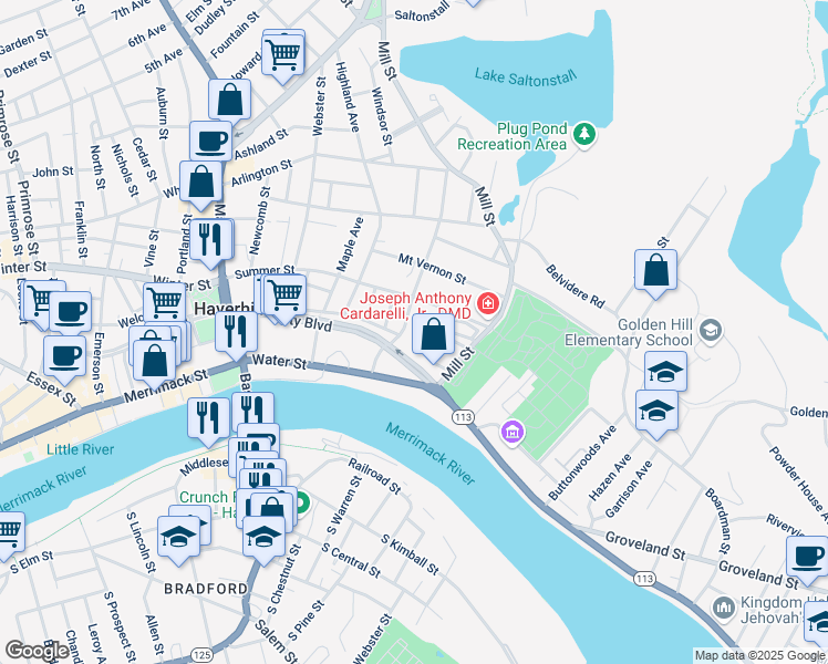 map of restaurants, bars, coffee shops, grocery stores, and more near 21 Chestnut Street in Haverhill