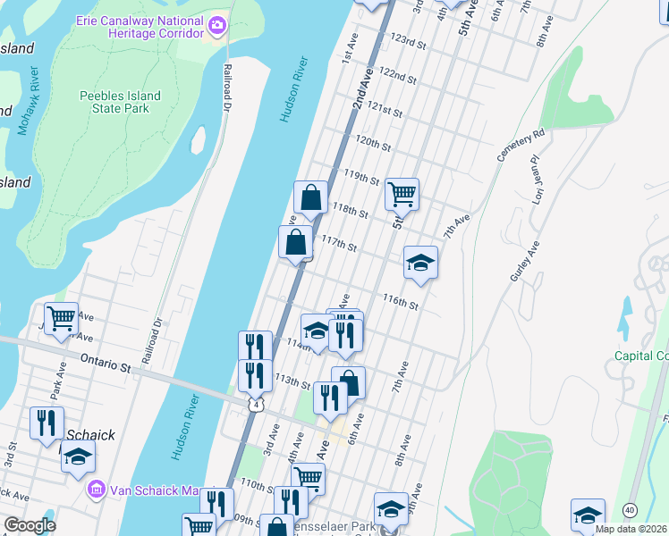 map of restaurants, bars, coffee shops, grocery stores, and more near 598 3rd Avenue in Troy