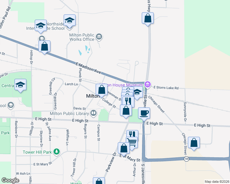 map of restaurants, bars, coffee shops, grocery stores, and more near 514 Greenman Street in Milton