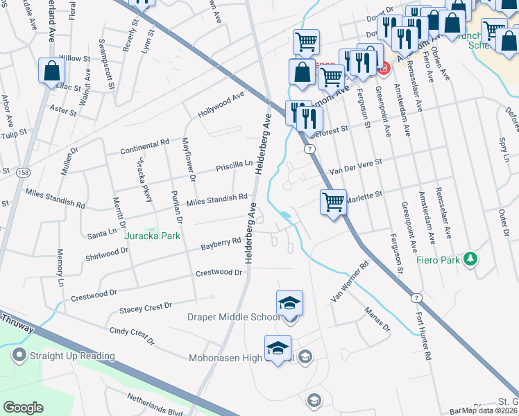 map of restaurants, bars, coffee shops, grocery stores, and more near 33 Morning Glory Way in Schenectady